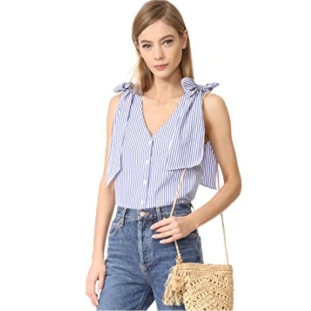 J.O.A. STRIPED COASTAL HAMPTONS BLUE WHITE SLEEVELESS BOW TIE DETAIL TOP L